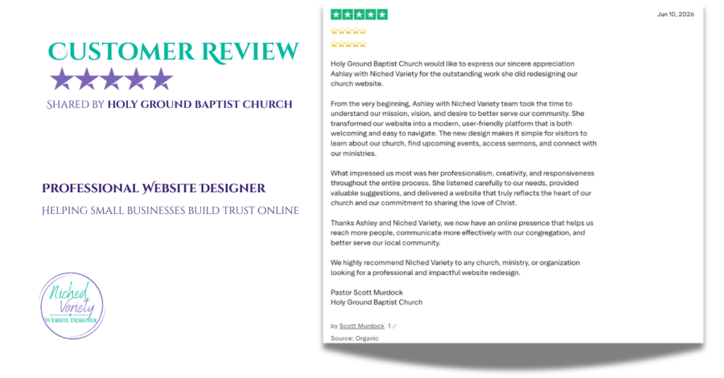 Personalized review from TrustPilot by Holy Ground Baptist Church to Niched Variety LLC